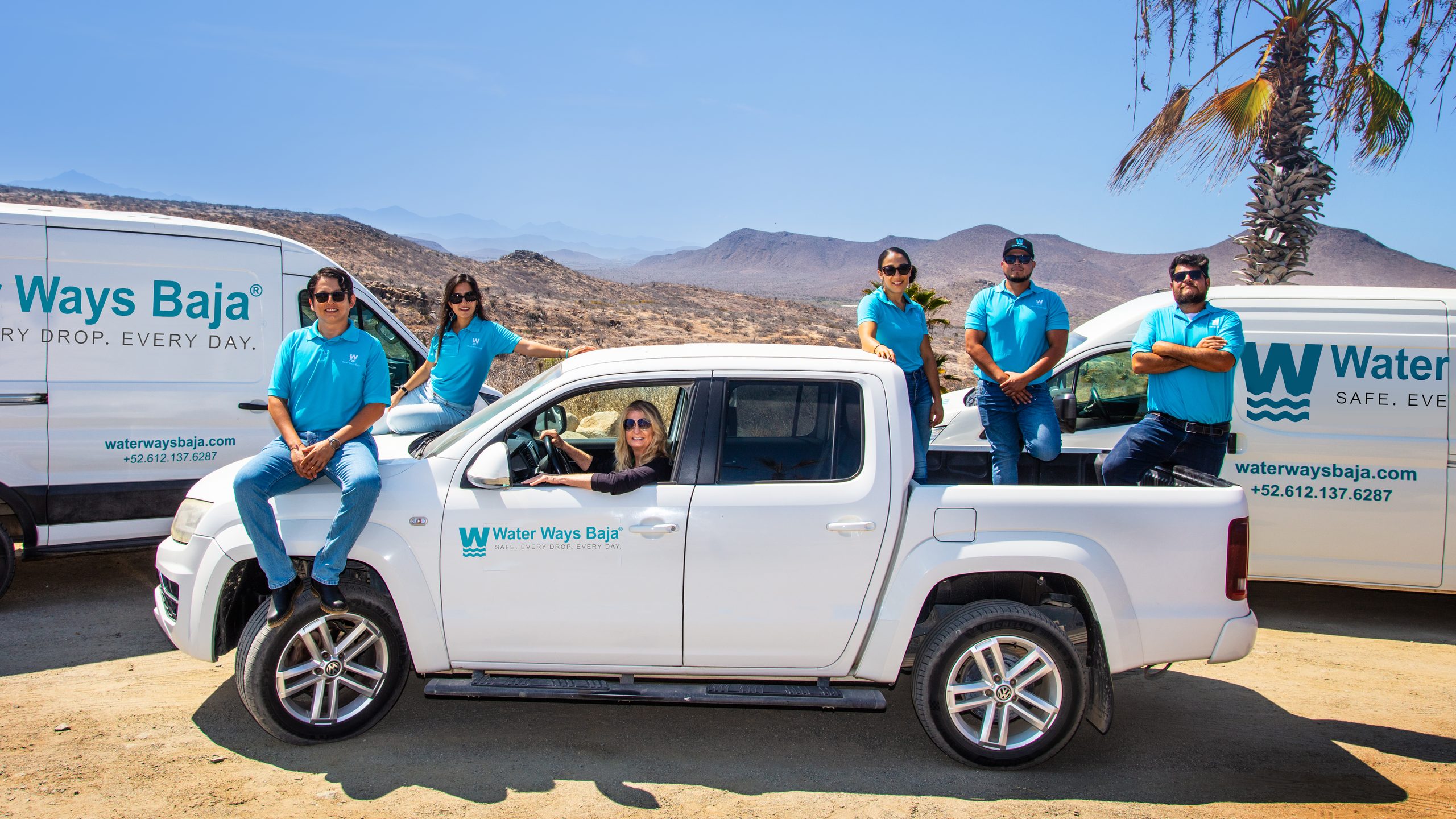 The Water Ways Baja team with their service vehicles in Baja California Sur